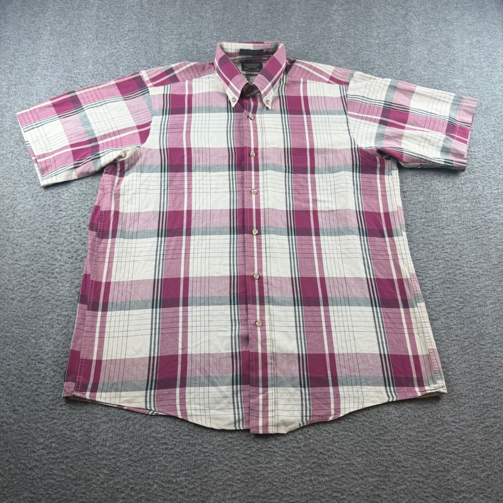 Edgewood Button Down Shirt Men's Medium Burgundy Plaid Short Sleeve‎ Made in USA
